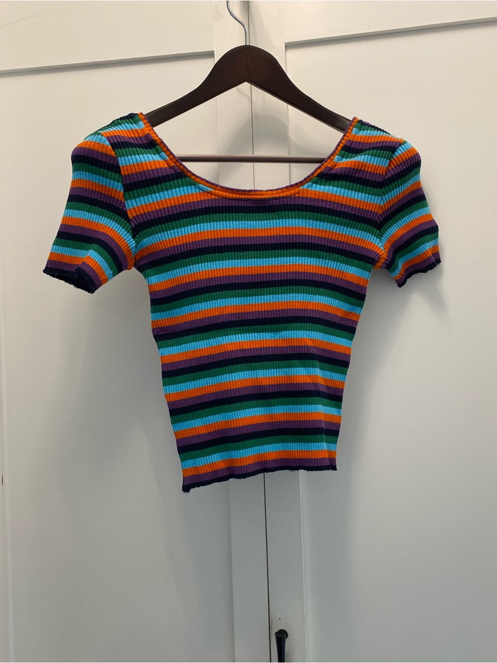 Vintage Multi-Stripe Ribbed Scoop Neck Tee - Blue, Green, Orange, Purple - Picture 3 of 11